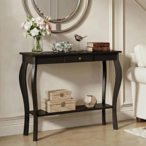Vista 4 de ChooChoo Mesa consola estrecha con cajón, elegante mesa de sofá, mesa de entrada, color negro