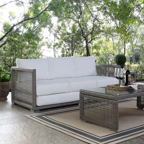 Vista 5 de Modway Aura - Sofá de mimbre para patio al aire libre en gris gris gris