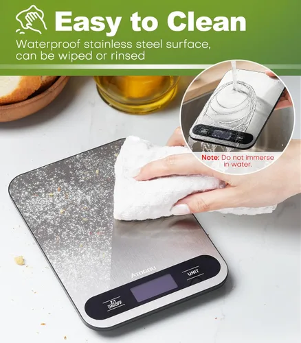 Vista 8 de Atogou Báscula de alimentos, báscula digital de cocina de 33 libras con pantalla LCD de vista completa, superficie de acero inoxidable duradera