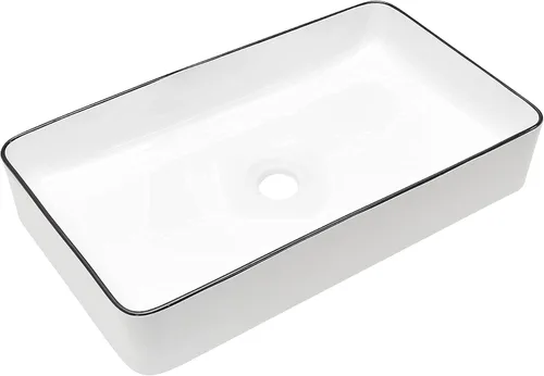 Vista 63 de Fregadero de baño de recipiente, semiempotrado, blanco y negro, 19 x 12 pulgadas, sobre encimera, fregaderos de cerámica rectangulares, encimera