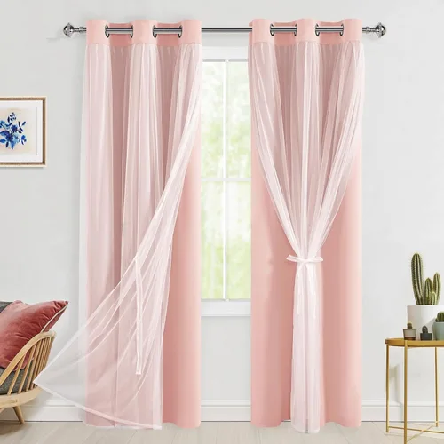 Vista 64 de Hiasan Cortinas opacas con superposición transparente, aislamiento térmico para mezclar y combinar de doble capa, cortinas de oscurecimiento de Beige