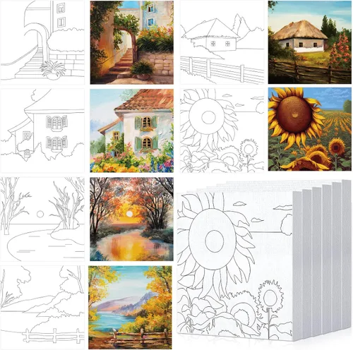 Vista 9 de Honoson Juego de 6 piezas de pintura de lienzo de contorno predibujado de 6 pulgadas con imágenes para adultos, juego de tableros de arte de lienzo