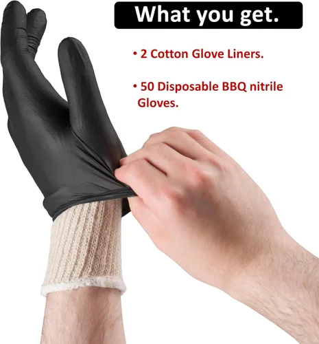 Vista 2 de Guantes para barbacoa, 2 forros de guantes de algodón y 50 desechables de nitrilo para cocinar, hornear, asar a la parrilla, forros de algodón