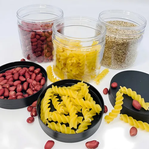 Vista 5 de Tarros de plástico vacíos de boca ancha transparentes de 14 onzas (14.2 fl oz, 12 unidades) con tapas y etiquetas negras mate, recipientes redondos