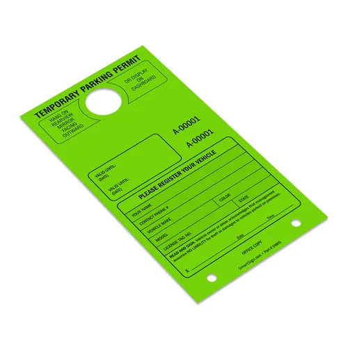 Vista 2 de SmartSign Etiqueta colgante de espejo "Permiso de estacionamiento temporal" Paquete de 50 Verde fluorescente Cartulina de 7.75 x 4.25 pulgadas
