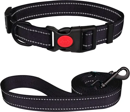 Vista 17 de Juego de collar y correa reflectante para perro con hebilla de bloqueo de seguridad, collares de nailon para mascotas ajustables para perros Negro