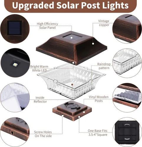Vista 4 de SUNWIND Luces Solares para Tapas de Postes Exteriores 4x4 LED Iluminación Solar de Jardín Luz de Tapa para Terraza y Cerca Poste de Madera Cobre