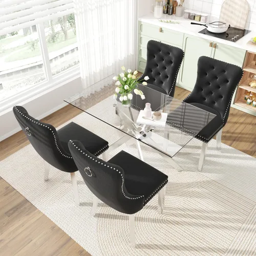 Vista 2 de Juego de mesa de comedor de vidrio de 51 pulgadas para 4, juego de 5 piezas de comedor moderno, mesa de cocina rectangular de vidrio con 4 sillas