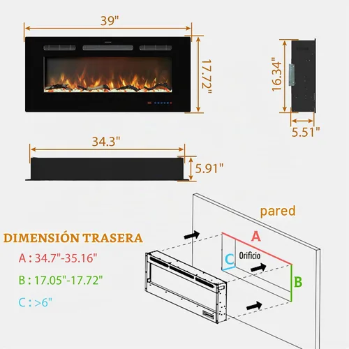 Vista 6 de Insertos de chimenea eléctrica de 39" con termostato, temporizador Negro