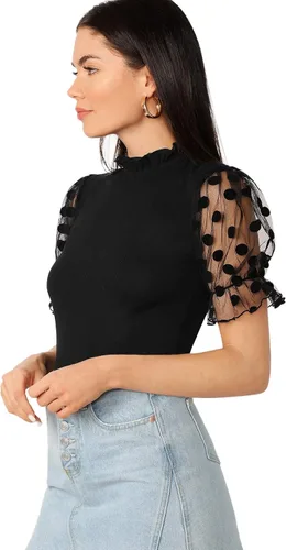Vista 2 de OYOANGLE Blusa casual de verano de manga corta con encaje y cuello alto falso para mujer
