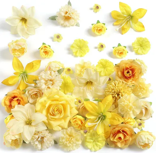 Vista 9 de rongflower Cabezas de flores falsas para manualidades, rosas artificiales de seda negra, peonías, margaritas y cabezas florales (paquete de 48)