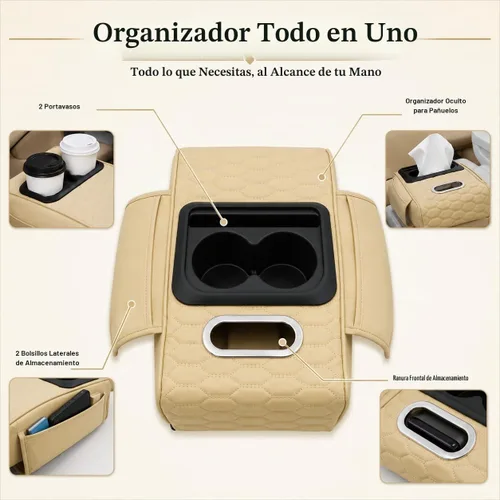 Vista 4 de Priprilod Almohada beige para reposabrazos de consola central de automóvil, espuma viscoelástica con portavasos y soporte para teléfono celular