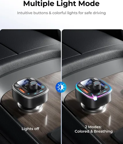 Vista 8 de LENCENT Bluetooth 5.4 Adaptador de coche Transmisor FM 54W Carga rápida Dual Mics, HiFi Bass Sound, 2 Modes LED Backlit, Cigarette Lighter Adapter