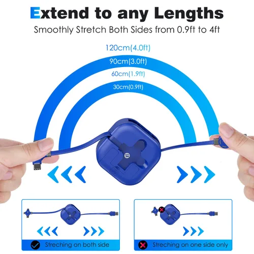 Vista 6 de Cable de Carga Múltiple de 4.5A, 4 Pies/Paquete de 2 Cargadores Múltiples para Todos los Dispositivos Cable Retráctil 3 en 1 para Automóvil Cable