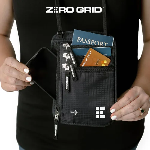 Vista 36 de Cartera para el cuello para viajes y pasaporte con bloqueo RFID, delgada y fácil de ocultar, bolsa de viaje de nailon para hombres y mujeres