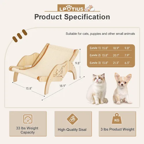 Vista 6 de Silla para gatos con rascador de sisal, silla hamaca elevada para 3 ángulos ajustables, rascador y tumbona de sisal natural, capacidad de 33 libras