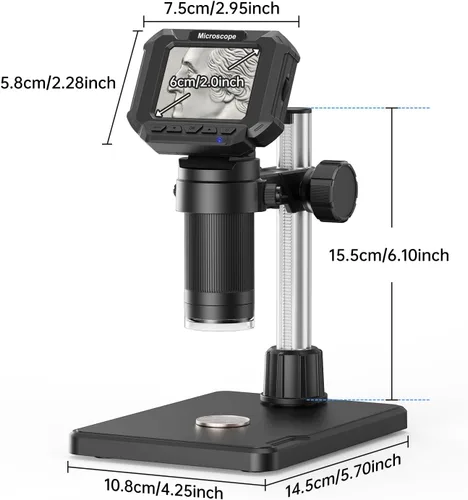 Vista 8 de Microscopio Digital de 2.4 Pulgadas - Hasta 1000X de Magnificación, Pantalla Recargable, Anillo de Luz LED de 8 Luces, Foto y Video, Conexión USB
