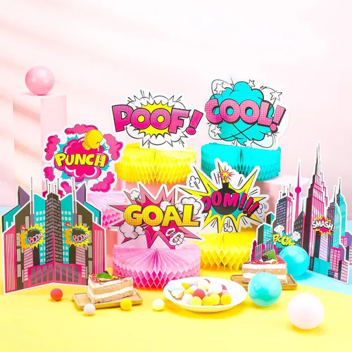 Vista 4 de Hotop 8 piezas de decoración de fiesta de héroe, centros de mesa de panal de abeja, letrero de acción rosa 3D para centro de mesa, recortes