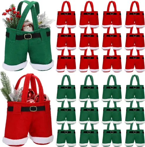 Vista 9 de Aliceset 24 Bolsas de Dulces de Navidad con Asa, Bolsas de Regalo con Diseño de Pantalones de Santa, Canasta de Golosinas Navideñas, Portavinos
