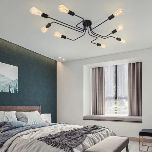 Vista 5 de Lingkai Sputnik - Lámpara de techo industrial, 8 luces, semiempotrada, con acabado negro mate para sala de estar, dormitorio, comedor