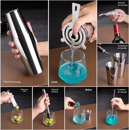 Vista 4 de Kit de coctelera para barman: juego de 15 utensilios de bar con soporte acrílico, juego de barras con todos los accesorios prácticos de bar
