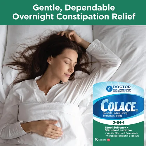Vista 4 de Colace Suavizante de heces 2 en 1 y tabletas laxantes estimulantes, 10 unidades, alivio suave del estreñimiento en 6-12 horas