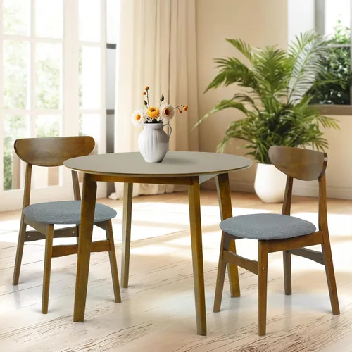 Vista 14 de Juego de 3 mesas redondas de cocina y 2 sillas laterales Yumiko de madera maciza con asiento acolchado