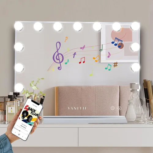 Vista 8 de VANITII - Espejo Hollywood con luces, altavoz con carga USB, espejo de maquillaje iluminado con bombillas, 3 modos de iluminación y espejo