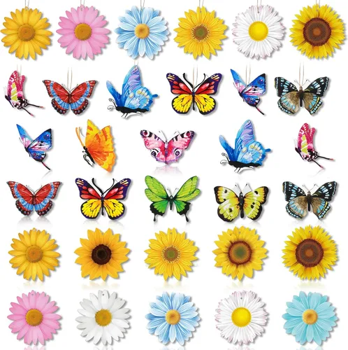 Vista 8 de 40 adornos de primavera para árbol pequeño, flores de madera, mariposa, girasol, gerbera, margarita, madera, colgante, decoración de árbol