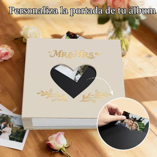 Vista 3 de Álbum de fotos de boda de 4 x 6 pulgadas con 400 bolsillos, libro de recuerdos de cuero beige grabado personalizado para compromiso, despedida