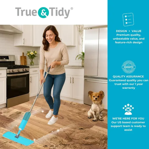 Vista 9 de True & Tidy® SPRAY-250 - Mopa rociadora multisuperficie con botella de agua recargable para limpieza de pisos, funciona en madera, azulejos, mármol