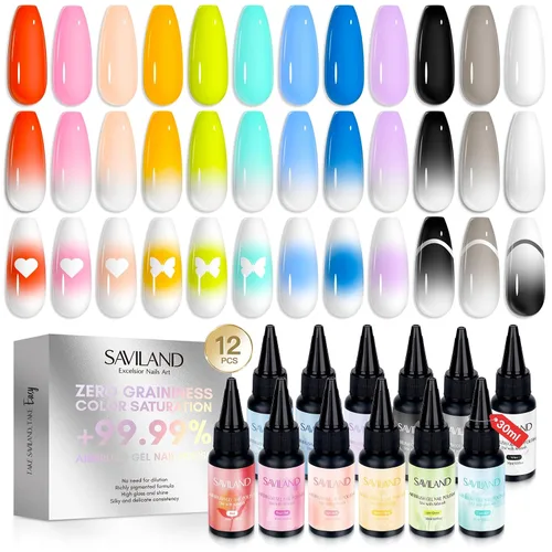 Vista 10 de SAVILAND Esmalte de Uñas en Gel para Aerógrafo Libre de Hema: Sin Dilución 12 Colores de Vitalidad Aerógrafo para Uñas Sin Acetona con Niebla Fina