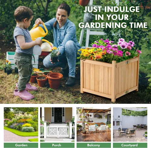 Vista 9 de S AFSTAR Maceta de madera para exteriores, cama de jardín plegable elevada con orificio de drenaje, contenedor cuadrado para plantas de patio