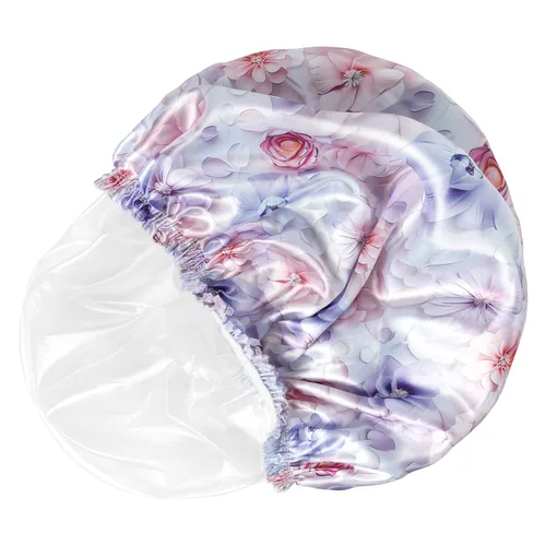 Vista 8 de 4 piezas de gorros de ducha para mujer, gorros de baño con estampado, gorro de ducha de doble capa reutilizable e impermeable, gorros de ducha