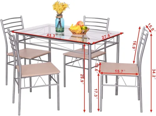 Vista 6 de Juego de mesa de comedor moderno para 4, juego de mesa de comedor con mesa de cristal, marco de metal y asiento de madera, mesa de cocina de 5