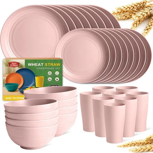 Vista 11 de Teivio Juego de vajilla de plástico de paja de trigo de 32 piezas para cocina, servicio para 8, platos, cuencos y tazas irrompibles, vajilla