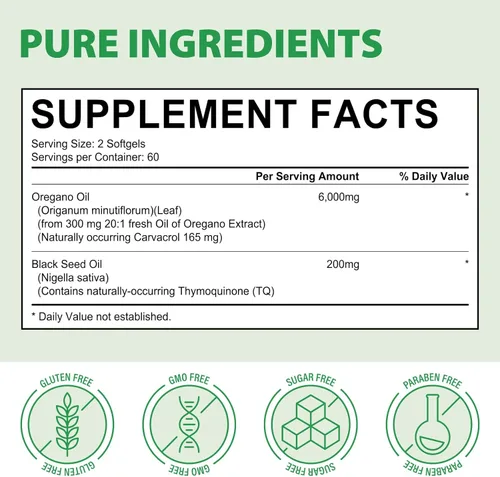 Vista 7 de Cápsulas blandas de aceite de orégano silvestre con aceite de semilla negra, 6,000 mg por porción, 120 cápsulas, a base de plantas, sin OMG y alto