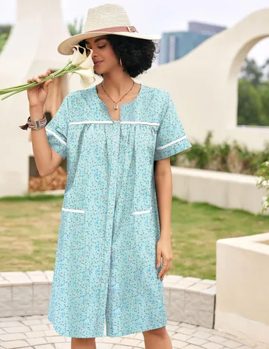 Vista 2 de Ekouaer Ropa de dormir para mujeres, camisón con broches frontales, bata de casa de algodón, manga corta, vestido de casa