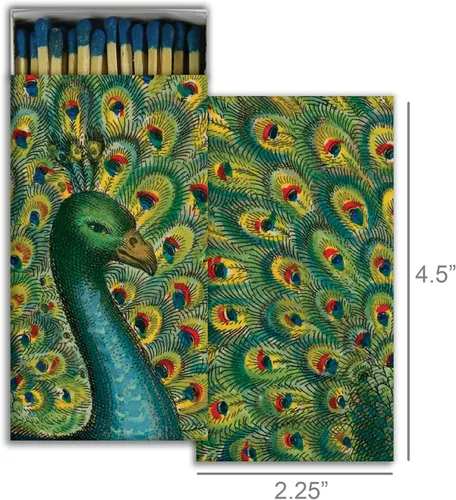 Vista 2 de Coy Peacock - Cajas de cerillas decorativas con fósforos de madera, ideal para encender velas, chimeneas, parrillas y más Juego