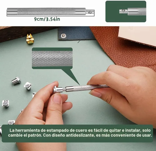 Vista 3 de Herramientas de Estampado de Cuero, Kit de Estampado de Cuero con 12 Sellos de Tangcao y Herramientas de Estampado y Punzón y Martillo de 25mm y 3