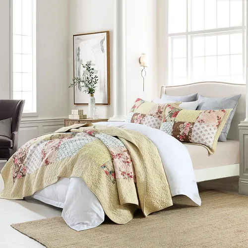 Vista 2 de ABREEZE Juego de edredón de retazos, ropa de cama tamaño Queen, reversible, transpirable, colorido, colcha acolchada floral con fundas de almohada