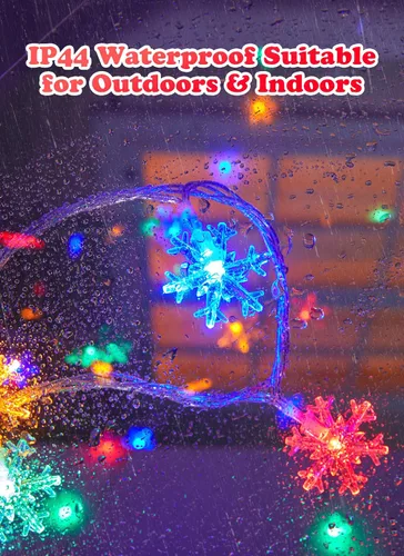 Vista 3 de Brightown Luces de Cadena de Copos de Nieve para Exteriores, 50 LED 26 Pies Luces de Navidad Multicolor con Funcionamiento a Batería, 8 Modos