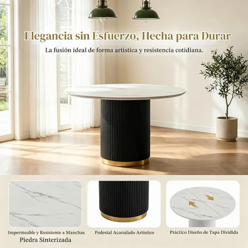 Vista 4 de SSLine 41.3 in Round Sintered Stone Dining Table for 4 Fluted Pedestal Base