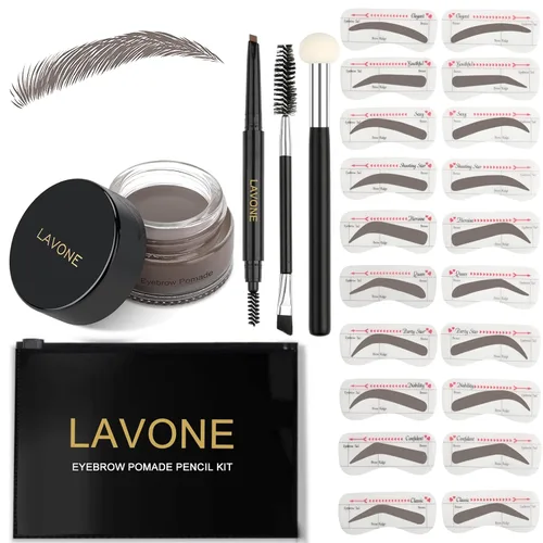 Vista 29 de LAVONE Kit de plantillas para cejas, trío de sellos para cejas con lápiz impermeable, pomada, 20 plantillas, cepillo de doble punta y aplicador