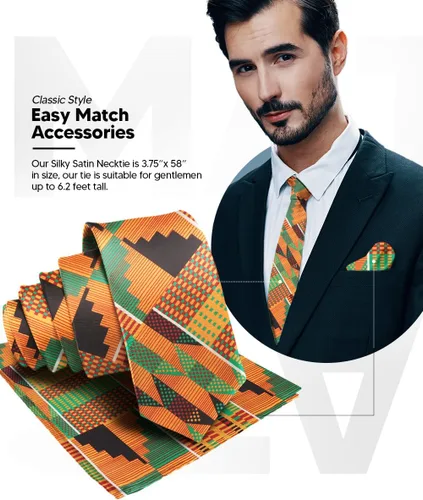 Vista 31 de Juego de corbata Kente con estampado africano y animal y pañuelo de bolsillo a juego