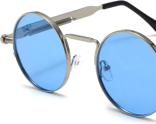 Vista 4 de Rehomy Gafas de sol polarizadas steampunk de moda, lentes circulares con marco de metal para hombres y mujeres, Marco plateado + lente azul hielo