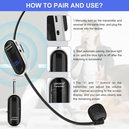 Vista 7 de Sistema de micrófono inalámbrico UHF para auriculares: Auriculares con micrófono - Pantalla digital LED, micrófono de cabeza y de mano 2 en 1