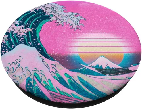 Vista 2 de Vaporwave Estética Gran Onda De Kanagawa Synthwave Sunset PopSockets PopGrip: Agarre intercambiable para teléfonos y tabletas