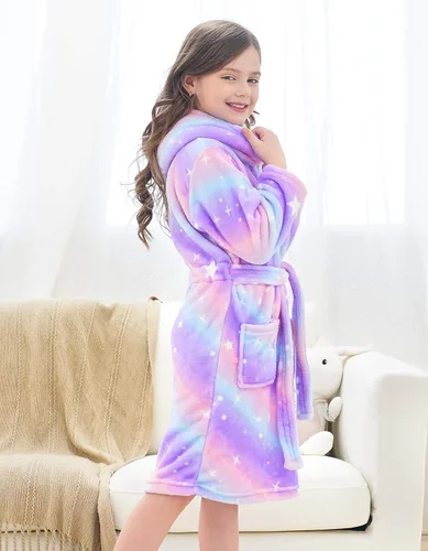 Vista 3 de Doctor Unicorn Suave bata de baño con capucha arcoíris para niñas