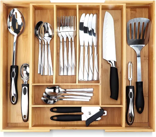 Vista 11 de Pristine Bamboo bandeja organizadora de cubiertos – Utensilios de mesa, cubiertos, soporte de cubiertos para cajón – Organizador de cajón de madera